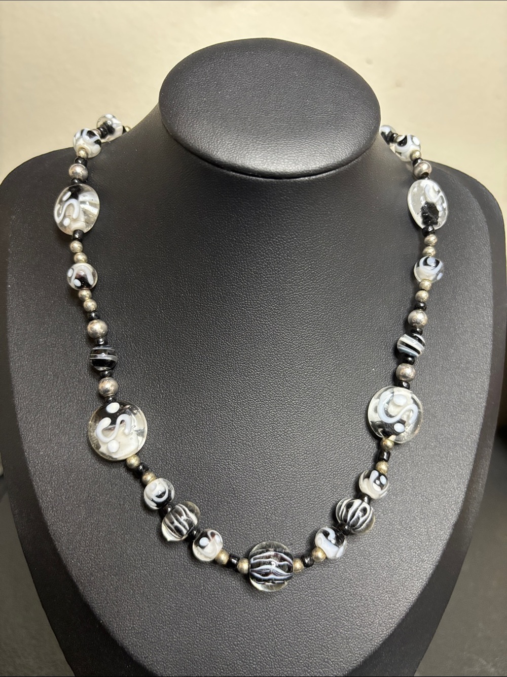 Black & White Painted Glass Bead Necklace Silver Tone
